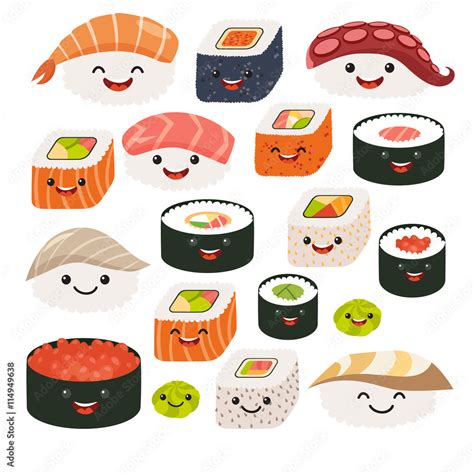 Emoji sushi characters.Cartoon japanese food. Vector set sushi cartoon characters. Funny ...