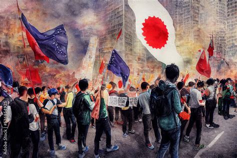 Digital watercolour concept art featuring citizens of Taiwan in a rally ...