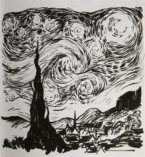 ink sketch of Van Gogh's starry night, one of my favorite artists and paintings for as long as I ...