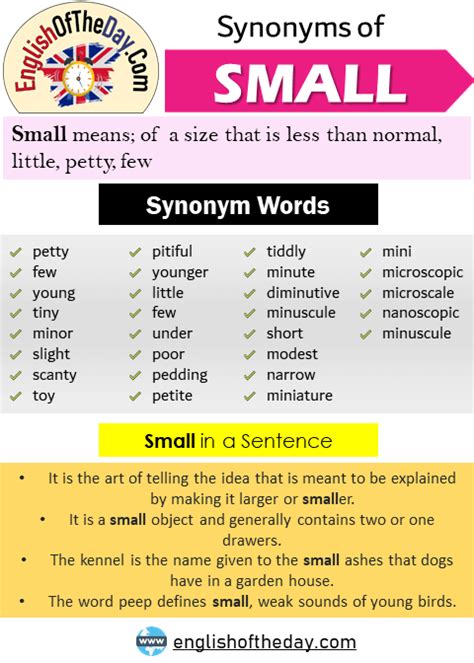 Another word for small, synonyms of small, petty, few, young, tiny ...