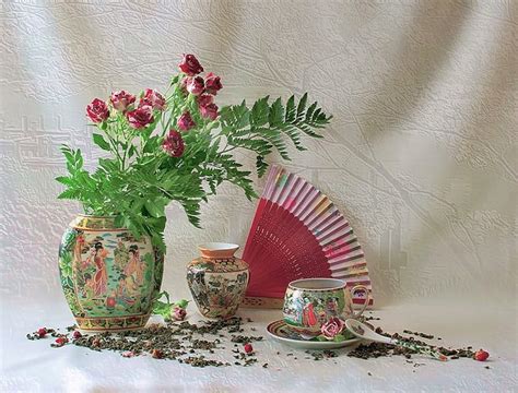Japanese tea time, japanese, green tea, tea, roses, vase, beautiful, cup, fan, tea leaves, pink ...