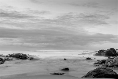 Free Images : beach, sea, coast, rock, ocean, horizon, cloud, black and white, fog, sunrise ...