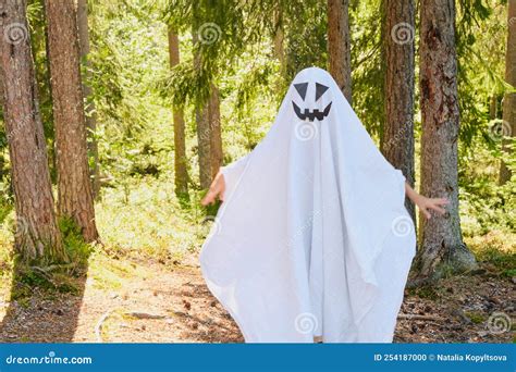 Funny and Scary Ghost Costume for Halloween in the Forest Stock Photo ...