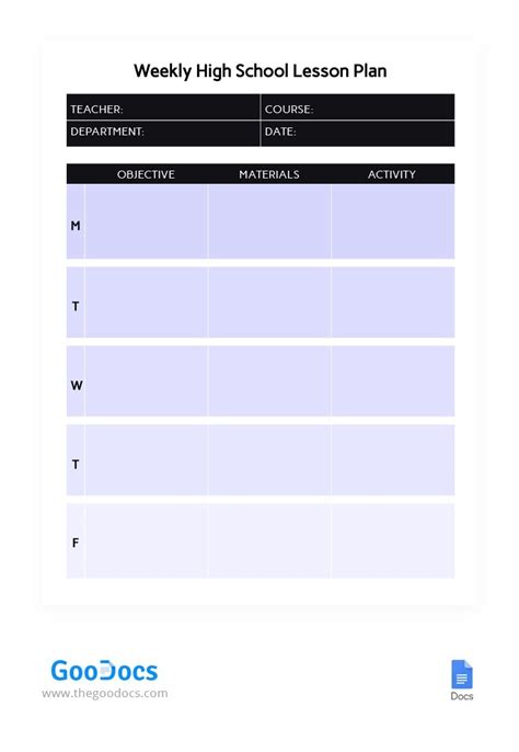 Weekly High School Lesson Plan Template In Google Docs