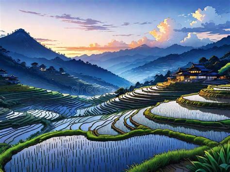 Illustration, Dusk at Yuanyang Rice Terrace, Anime Drawing Style, Line Art, Hand Drawn. Stock ...