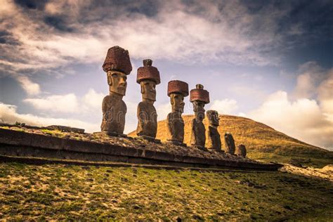 Anakena Beach, Easter Island - July 10, 2017: Moai Altar of Anakena Beach, Easter Island Stock ...