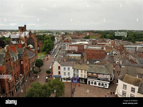 Elevated aerial general view over Carlisle city centre looking north ...