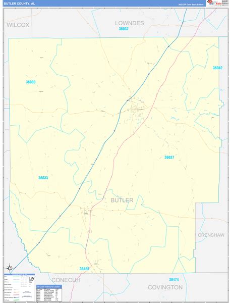 Butler County, AL Zip Code Wall Map Basic Style by MarketMAPS - MapSales