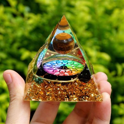 Gorgeous Tiger Eye Crystal Sphere Orgone Pyramid with Obsidian - Orgone Pyramids