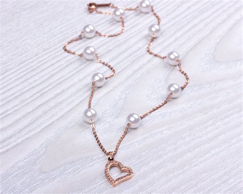 Heart Necklace Rose Gold Heart Necklace Pearl Necklace Rose | Etsy