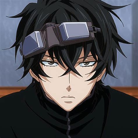 an anime character with black hair and goggles on his head, staring at the camera