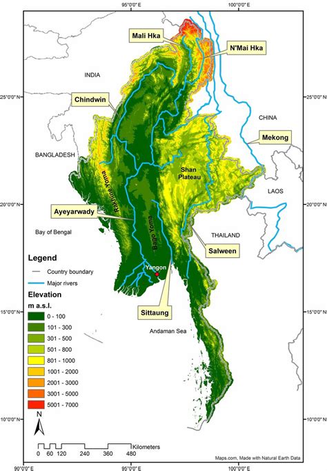 Physical overview map of Myanmar including state border lines, major ...