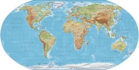 Digital vector, royalty free, World relief map in the Robinson projection, regular color UK ...