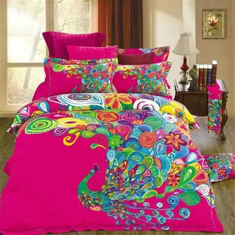 Unique Design Colorful Peacock Print Bedding Set Queen Size 100% Cotton Fabric Home Textiles ...