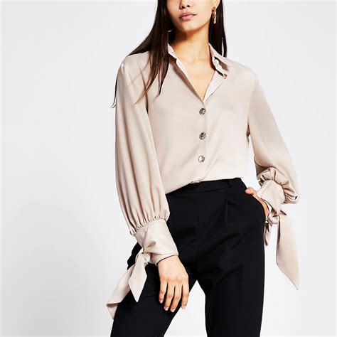 Stone long sleeve tie cuff shirt | River Island | Women shirts blouse ...