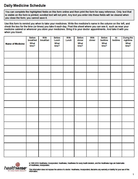 Free Printable Daily Medication Chart For Elderly