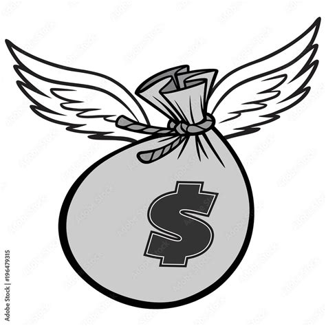 Black And White Flying Bag of Money - A vector cartoon illustration of a Flying Bag of Money ...