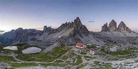 Panorama of Piani Lakes and Dreizennen hut below mountains in Italy, Europe stock photo