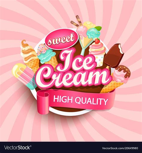 Colorful Ice cream shop logo label or emblem in caartoon style for your design on suburst ...