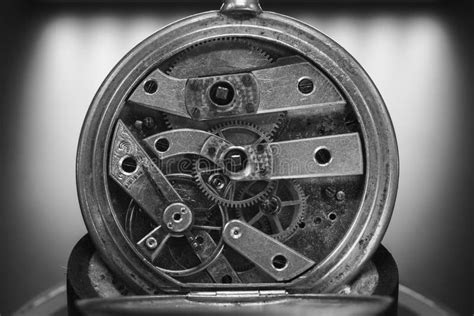 Vintage Clock Mechanism. Gears and Springs. Nice Clean Condition. Black and White Stock Photo ...