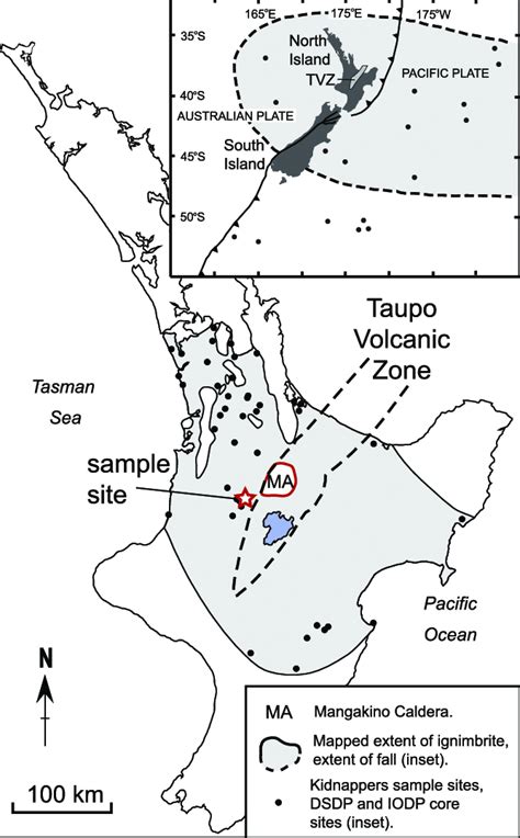 Map of North Island, New Zealand, showing the Taupo Volcanic Zone (TVZ ...