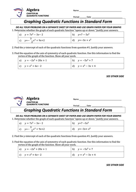 Graphing Quadratic Functions In Standard Form (Math Worksheet ...