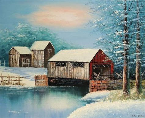 Painting: New England Covered Bridge Winter Snow Rural Farm Stretched 20X24 Oil Painting ...