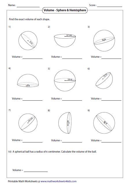 Volume Of A Sphere Worksheet