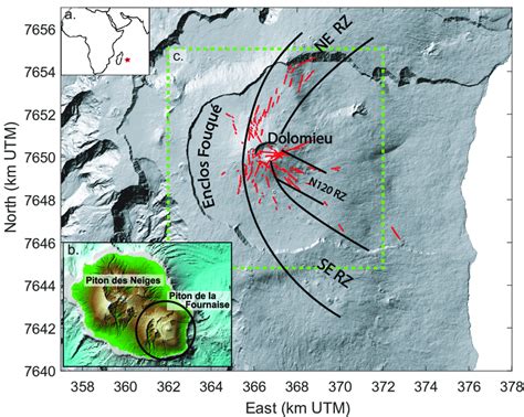 Shaded relief map of Piton de la Fournaise volcano with main locations ...