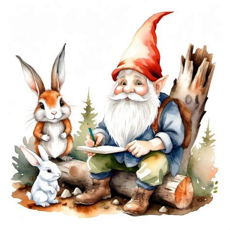 Whimsical Watercolor Illustration Gnome Sketching with Rabbit Companion ...