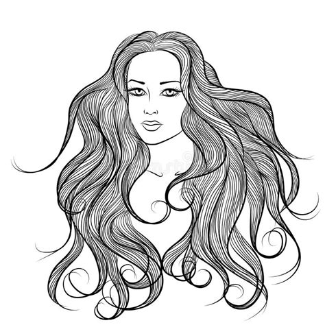 Face Of Long Hair Girl Outline Monochrome Drawing Stock Vector - Image: 65435555