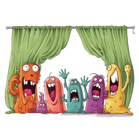 Halloween Cartoon Hand Opening Curtain With Funny Monster Group Behind, Cute Monster, Funny ...