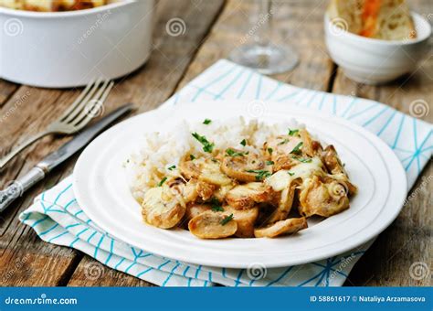 Chicken Baked with Mushrooms and Cheese with Rice Stock Image - Image of roasted, cheese: 58861617