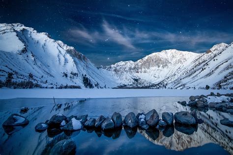 Download Stone Reflection Lake Mountain Snow Star Sky Nature Winter HD Wallpaper