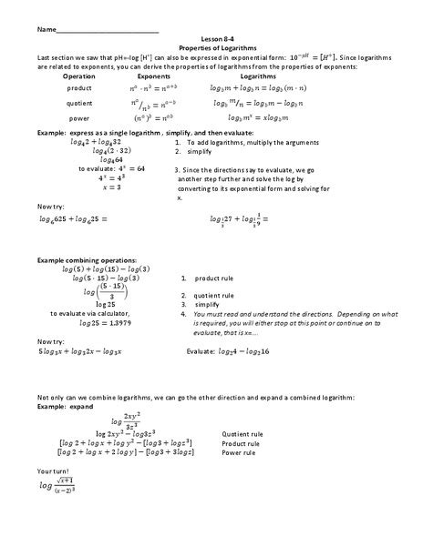 Properties of Logarithms Worksheet for 11th Grade | Lesson Planet