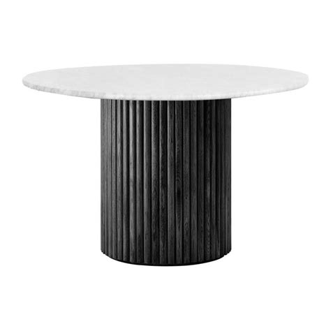 a round table with a white marble top and black metal columning on the base