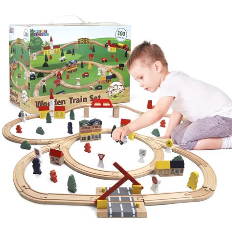 Buy Play BuildWooden Train Set For Kids - 100 Piece Complete Toddler Train Set - Interactive ...