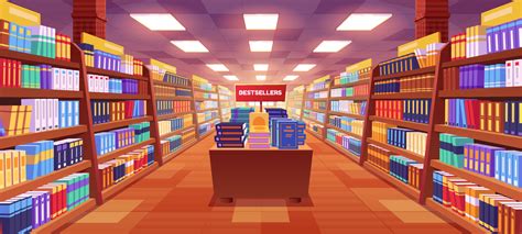 Cartoon bookstore interior with books on shelves 24232025 Vector Art at ...