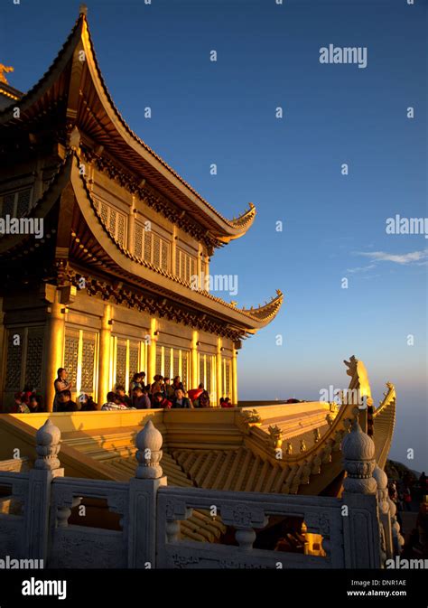 Sunrise dawn temples at the Golden summit of Mount Emei, Emei Shan ...
