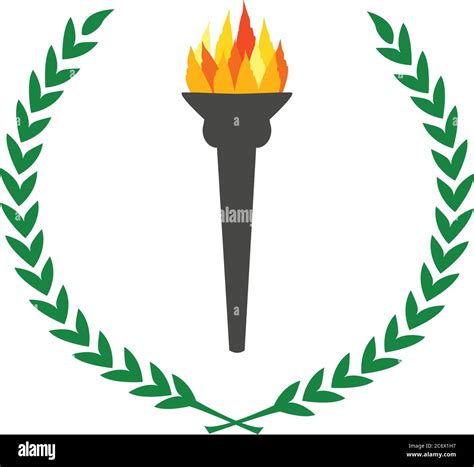 olympic flame burning torch with laurel wreath green leaves circle ...