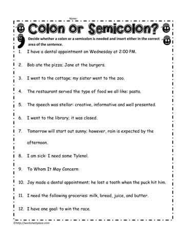 Semicolons And Colons Worksheet