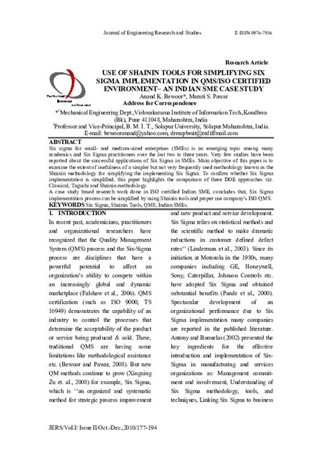 (PDF) Use of Shainin Tools for Simplifying Six Sigma Implementation in QMS / Iso Certified ...