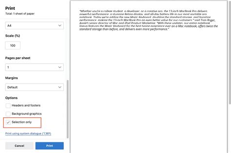 How to print a selection on Microsoft Edge