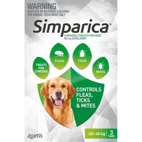 Simparica Chewable Tablet for Dogs 20.1 - 40kg, 3 Chewables (Green Box ...