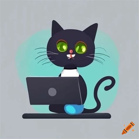 Clipart of a black cat using laptop and smartphone