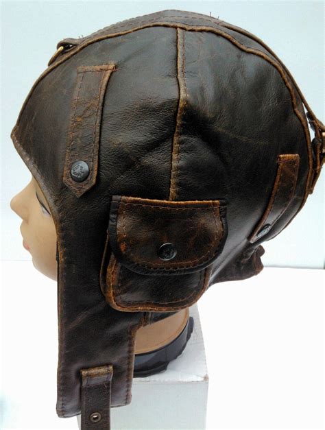 WWII Vintage style Handmade Genuine Leather Pilot, Aviator, Cabrio,, Motorcycle Helmet Hat Cap M ...