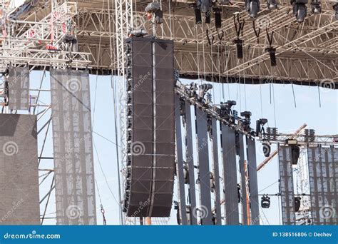 Setting of Stage Sound Equipment. Powerful Stage Concert Industrial ...