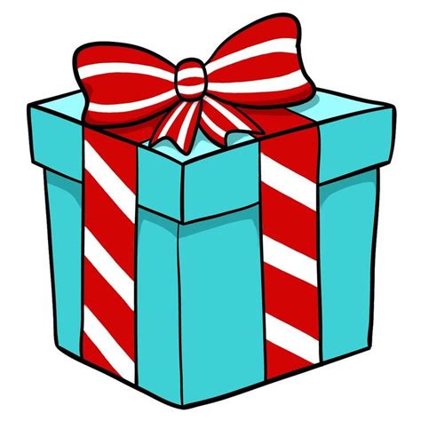 a blue gift box with a red and white striped bow on it's top