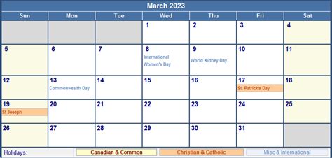 March 2023 Canada Calendar with Holidays for printing (image format)