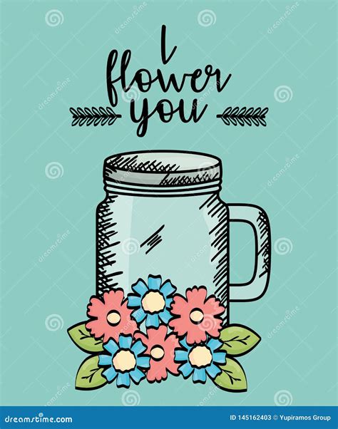 Mason Jar Glass with Flowers Drawing Stock Vector - Illustration of drawn, cute: 145162403